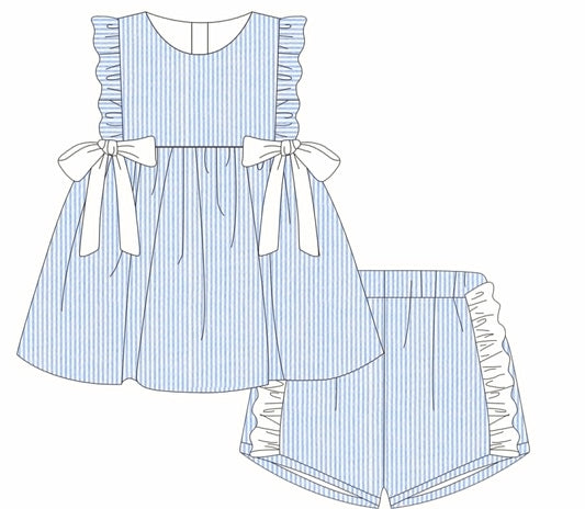 Blue seersucker dress 100% cotton for babies and children