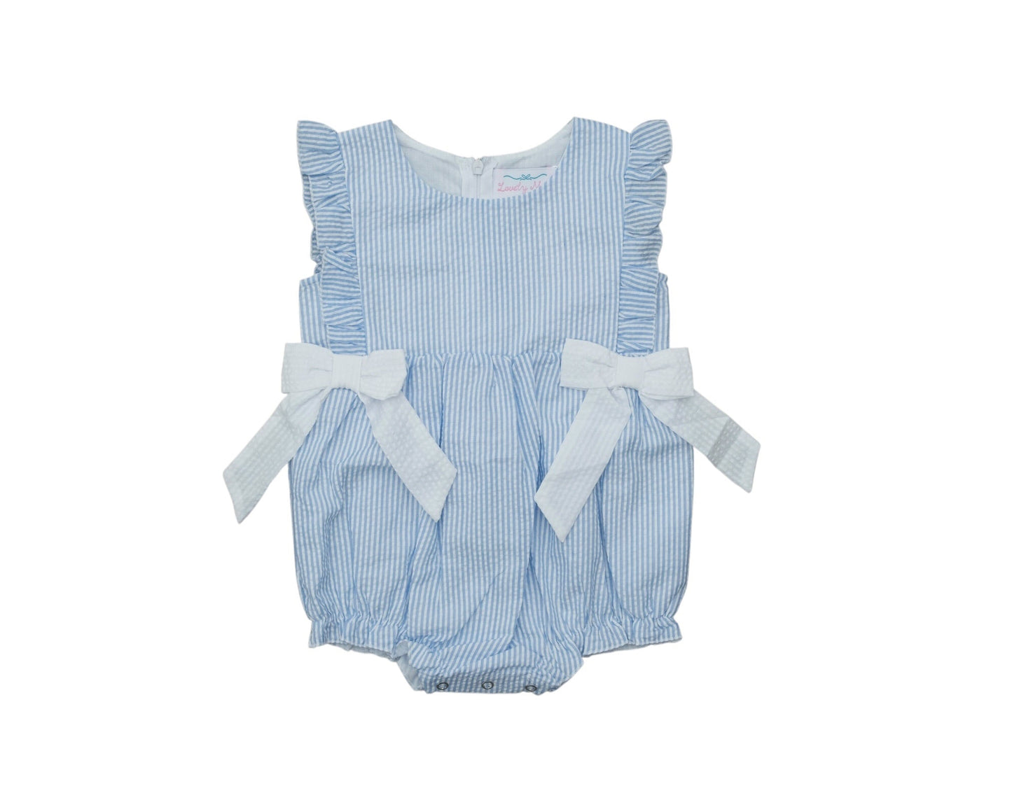 Light blue baby romper with ruffles and white bows on a white background