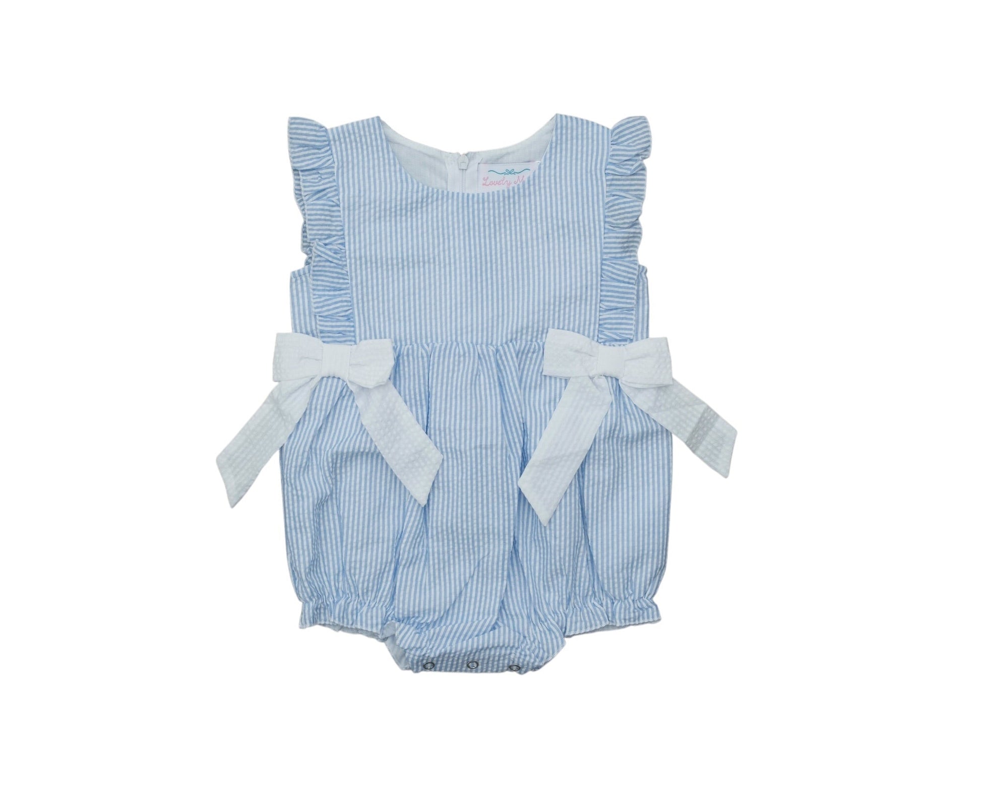 Light blue baby romper with ruffles and white bows on a white background