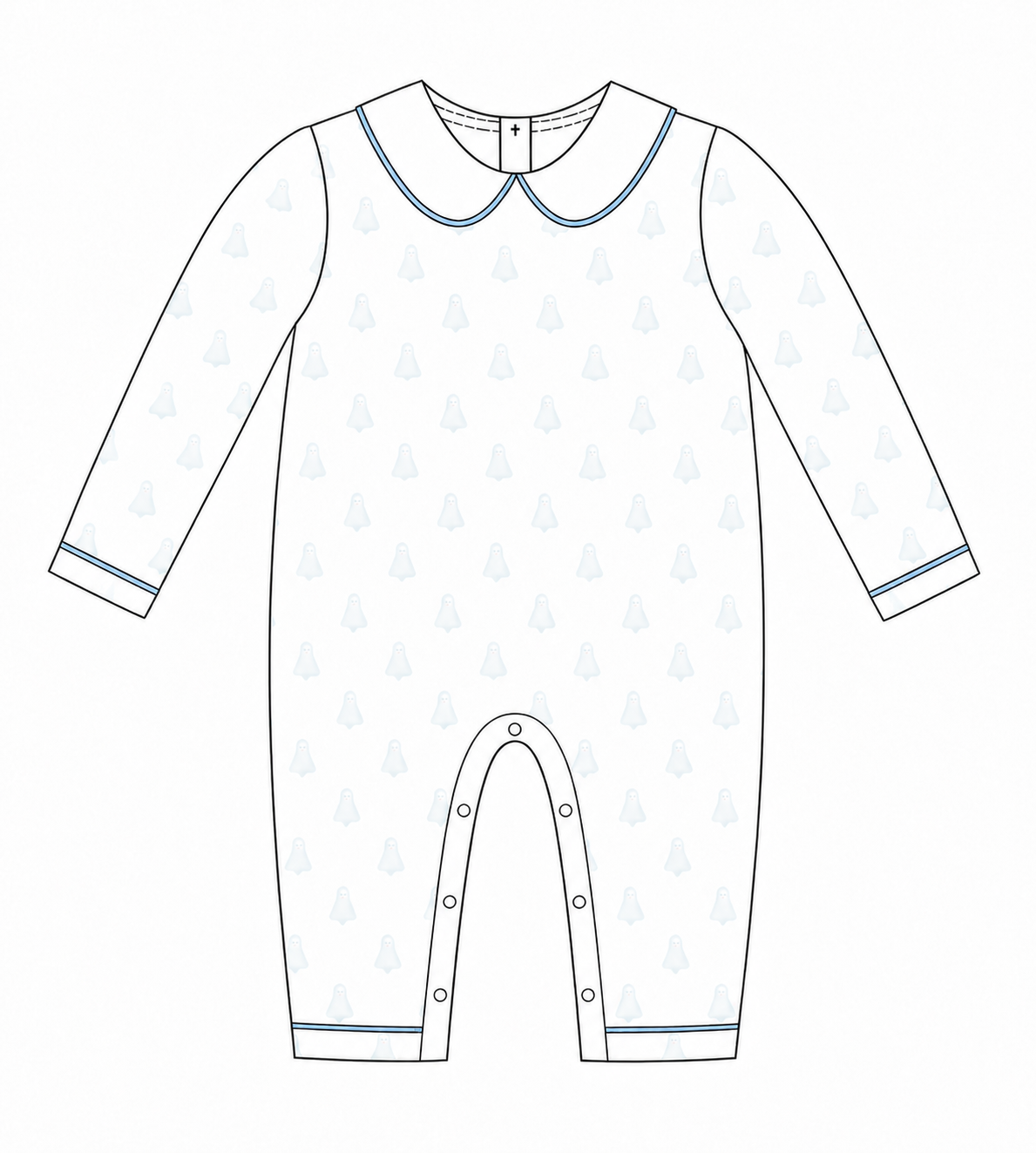 A flat technical line drawing of a long-sleeve baby romper or footless one-piece with a Peter Pan collar, shown on a plain white background. The garment is white with a very faint repeating light blue motif and thin blue trim details.