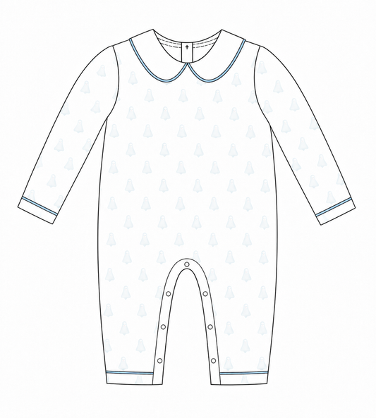 A flat technical line drawing of a long-sleeve baby romper or footless one-piece with a Peter Pan collar, shown on a plain white background. The garment is white with a very faint repeating light blue motif and thin blue trim details.