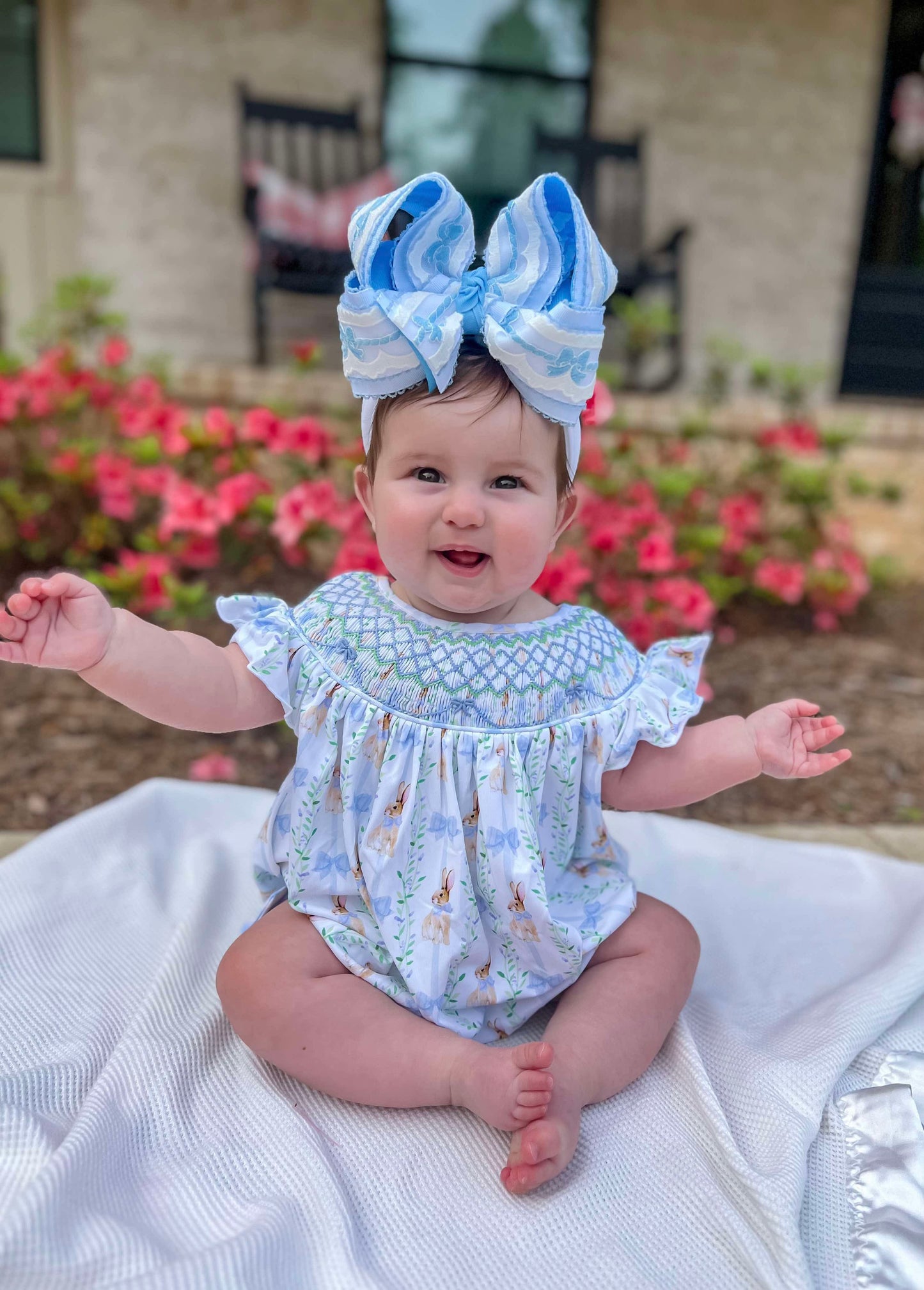 Smocked Bunny and Bow Blue Bubble