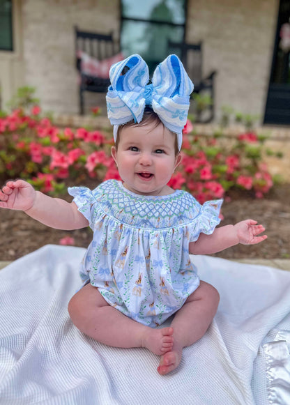 Smocked Bunny and Bow Blue Bubble