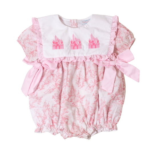 Hand-smocked Castle Cutie Bubble for girls in pastel colors