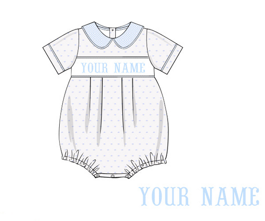 Pre Order Hand Smocked Custom Name Swiss Dot Bubble