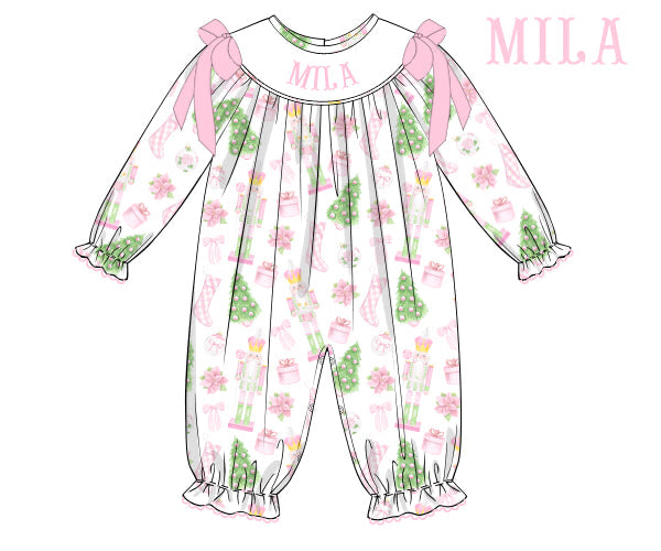 Pink Nutcracker Custom Name Smocked Romper