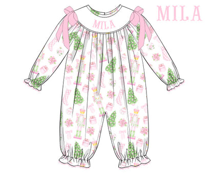 Pink Nutcracker Custom Name Smocked Romper