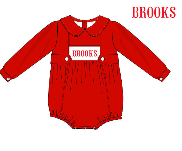 Boys Red Custom Name Smocked Bubble