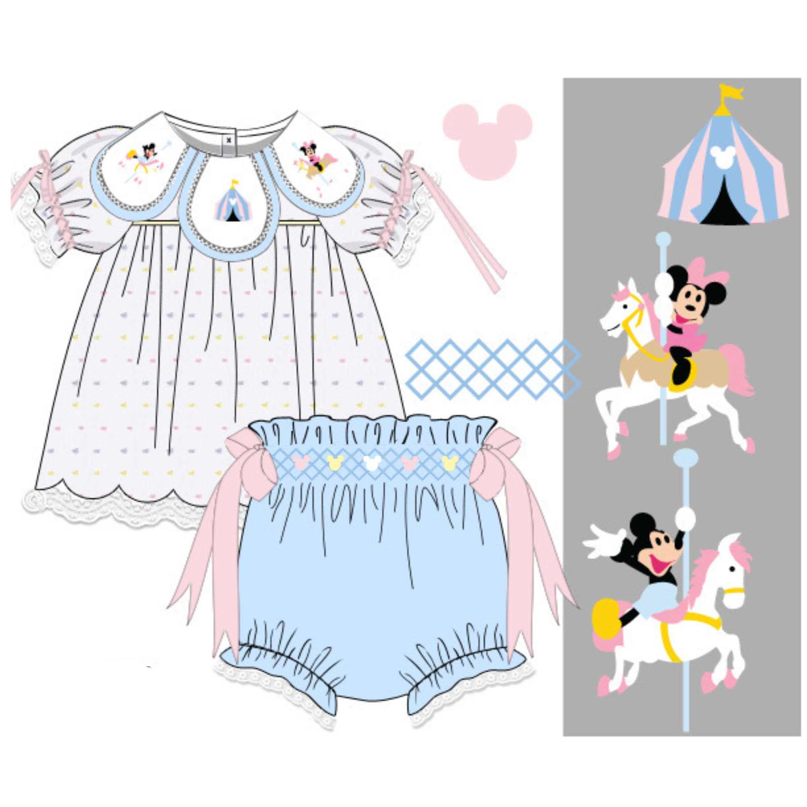 A flat illustration of a children's outfit set featuring a white long-sleeve dress with blue and pink accents, light blue shorts with pink bows, and a gray panel showing cartoon characters on a carousel with a small tent. Text at the bottom includes product code K289 and Disney Minnie Mouse branding.