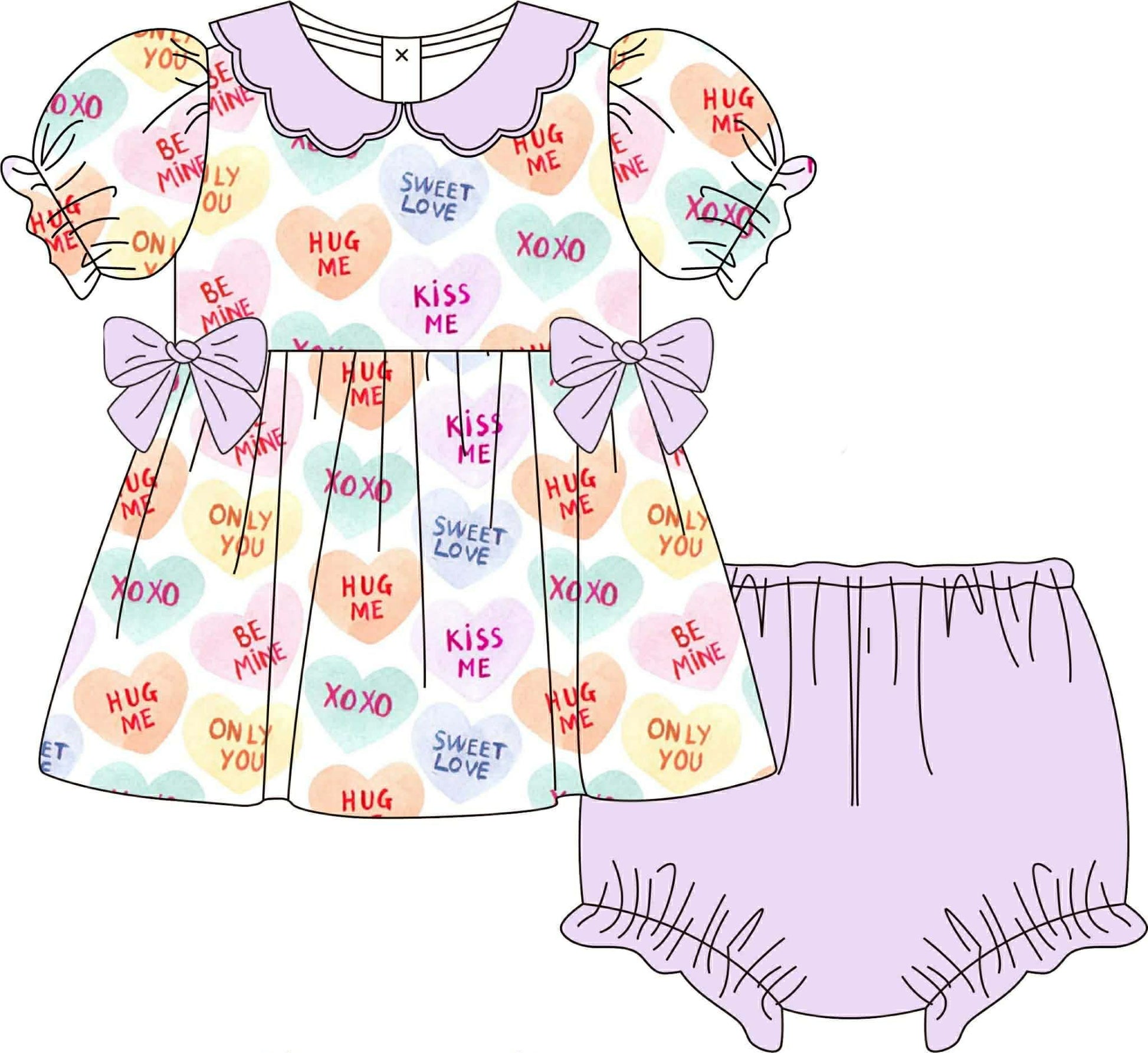 Conversation Candy Hearts Diaper Set for girls in woven fabric, perfect for Valentine’s Day. A sweet outfit ideal for photos and special moments.