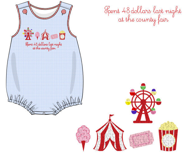 Children's romper with circus-themed graphics and text on a white background