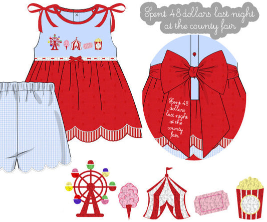 Children's outfit with red and blue dress, shorts, and accessories with fair-themed graphics on a white background.
