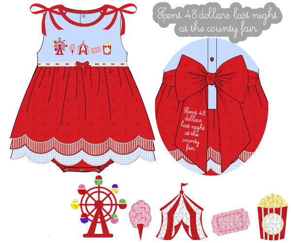 Children's dress with red and white design, featuring a large bow and text about spending money at a county fair.