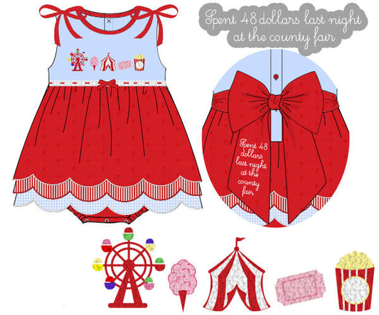 Children's dress with red and white design, featuring a large bow and text about spending money at a county fair.