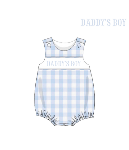 Daddy’s Boy hand-smocked bubble romper with chest detailing