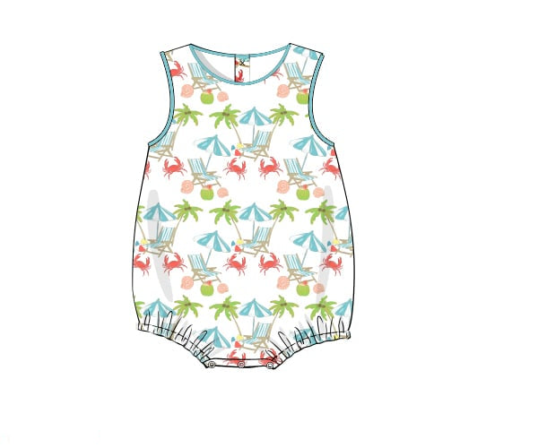 Children's romper with beach-themed pattern on a white background
