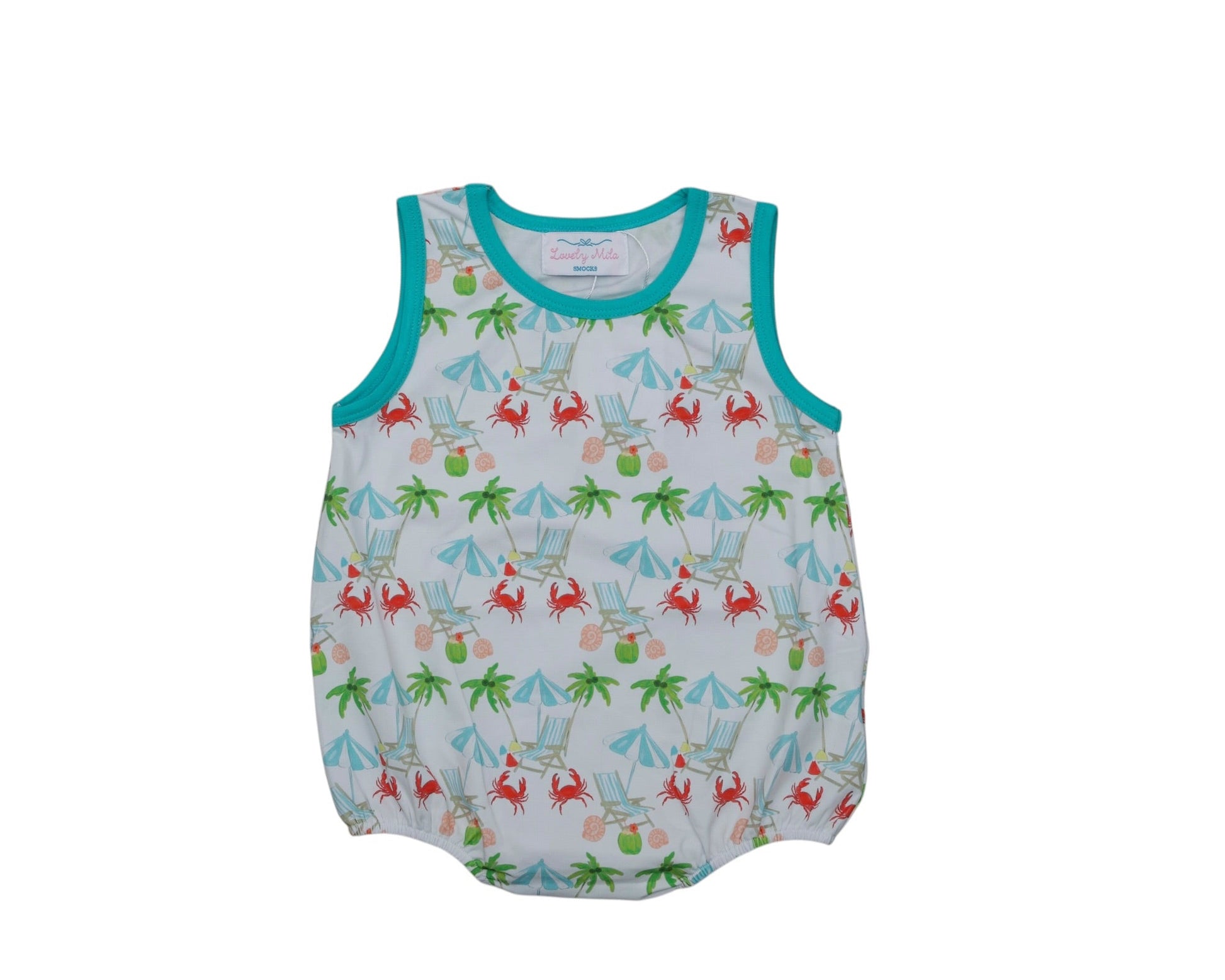 Baby romper with crab and palm tree pattern on a white background