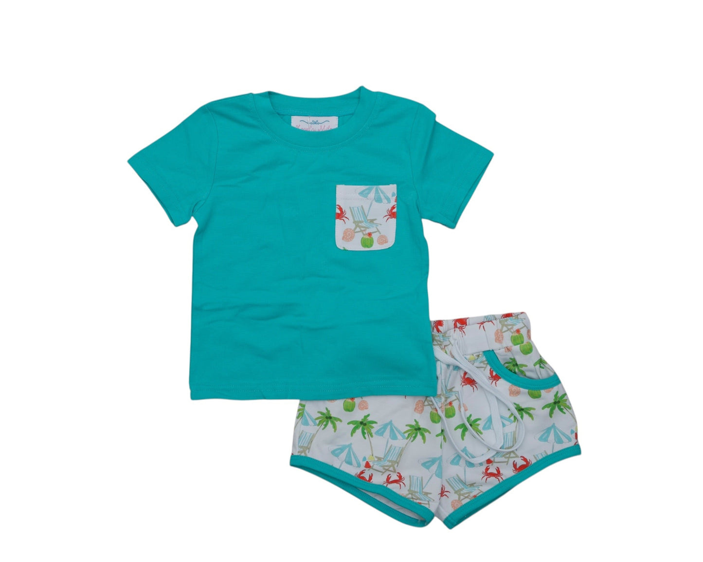 Children's turquoise t-shirt with a front pocket and patterned shorts on a white background
