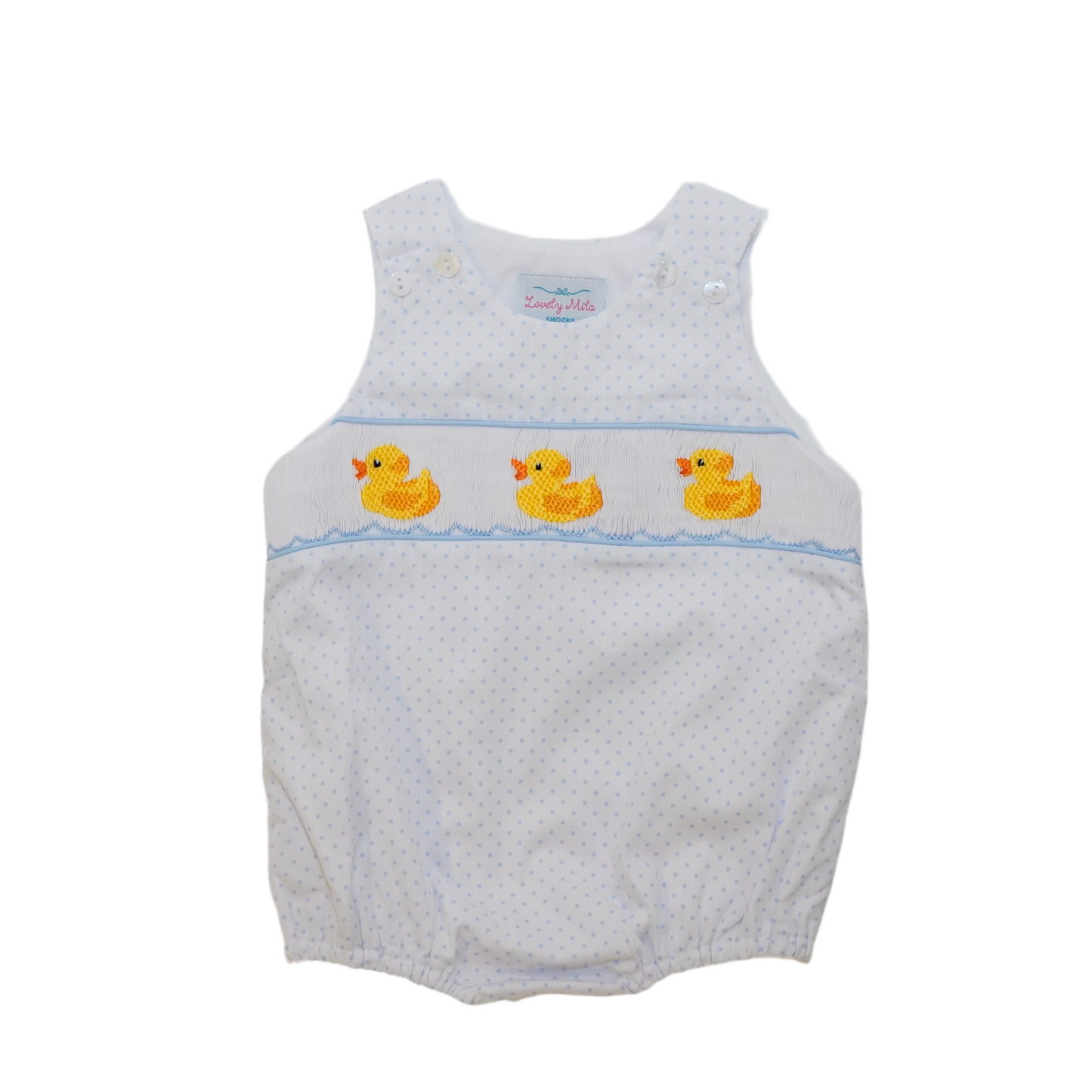 Ducks Bubble Boy romper for baby boys, hand-smocked with cute ducks. Made from 100% cotton fabric, soft, comfy, and perfect for playdates, birthdays, and family photos.