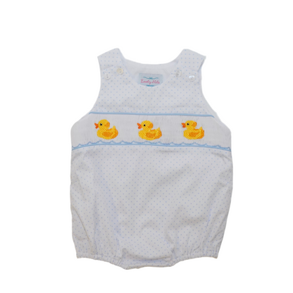 Ducks Bubble Boy romper for baby boys, hand-smocked with cute ducks. Made from 100% cotton fabric, soft, comfy, and perfect for playdates, birthdays, and family photos.
