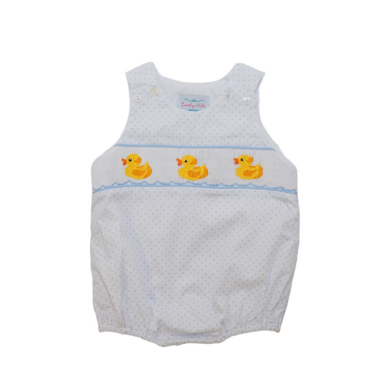 Ducks Bubble Boy romper for baby boys, hand-smocked with cute ducks. Made from 100% cotton fabric, soft, comfy, and perfect for playdates, birthdays, and family photos.
