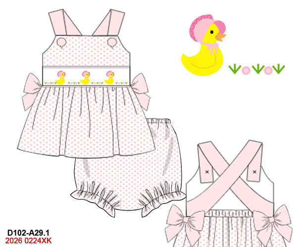 Children's dress and bloomers set with duck and bonnets design on a white background