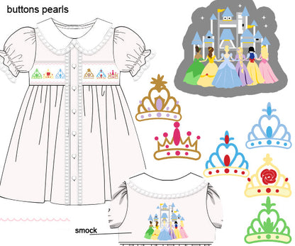 A product listing graphic showing a children's dress mockup with embroidered crown motifs, plus several crown and castle illustration options. Text reads 'buttons pearls' and 'custom woven-r136 smock', with a red code at the bottom.