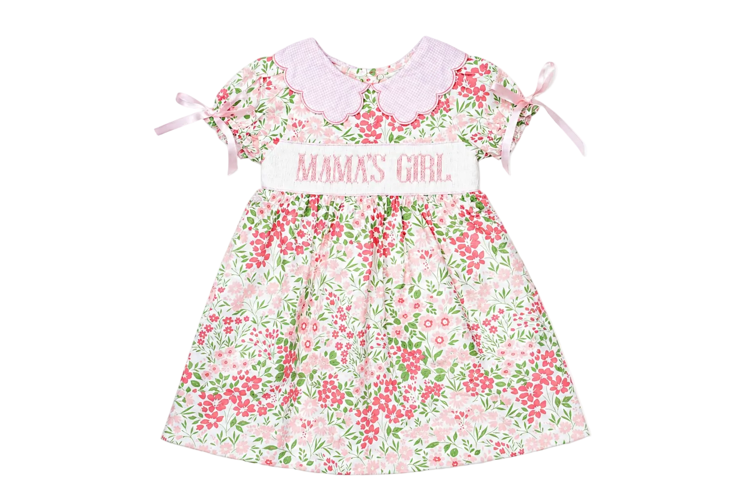 Floral dress with 'Mama's Girl' text on a white background