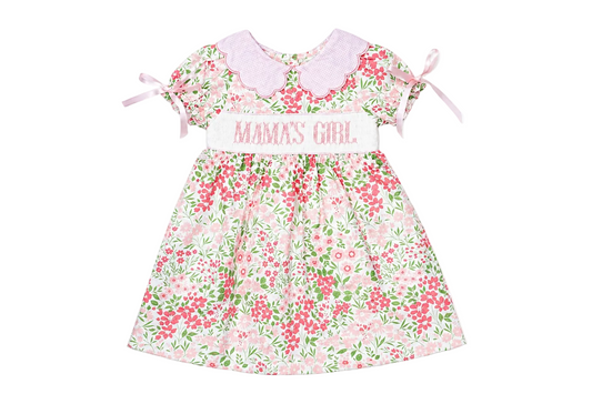 Floral dress with 'Mama's Girl' text on a white background