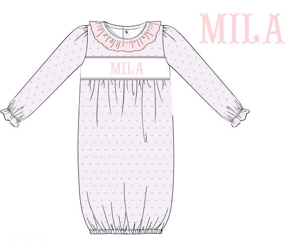 Pre-order Hand Smocked Swiss Dot Pink