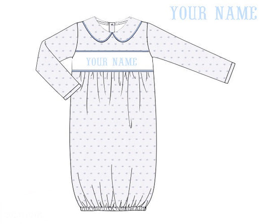 Pre Order Hand Smocked Custom Name Swiss Dot Blue Gown