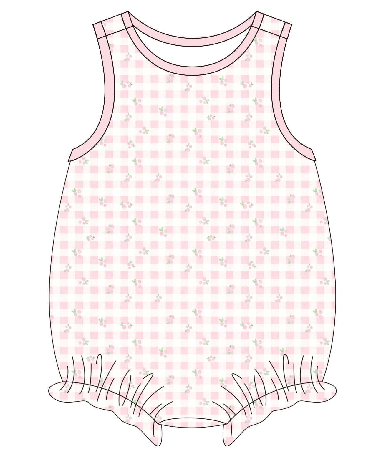 Pink checkered romper with floral pattern on a white background