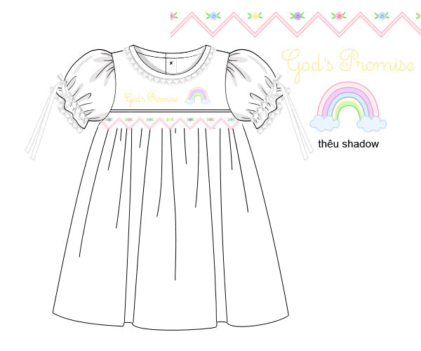 God’s Promise Dress in white cotton, featuring rainbow shadow embroidery and hand-smocked rosettes on the bodice.