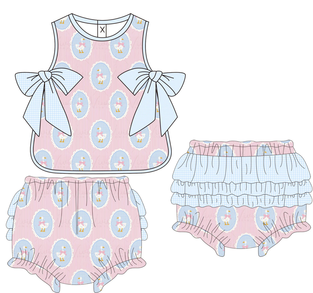 Children's outfit set with pink top and shorts featuring blue patterns on a white background