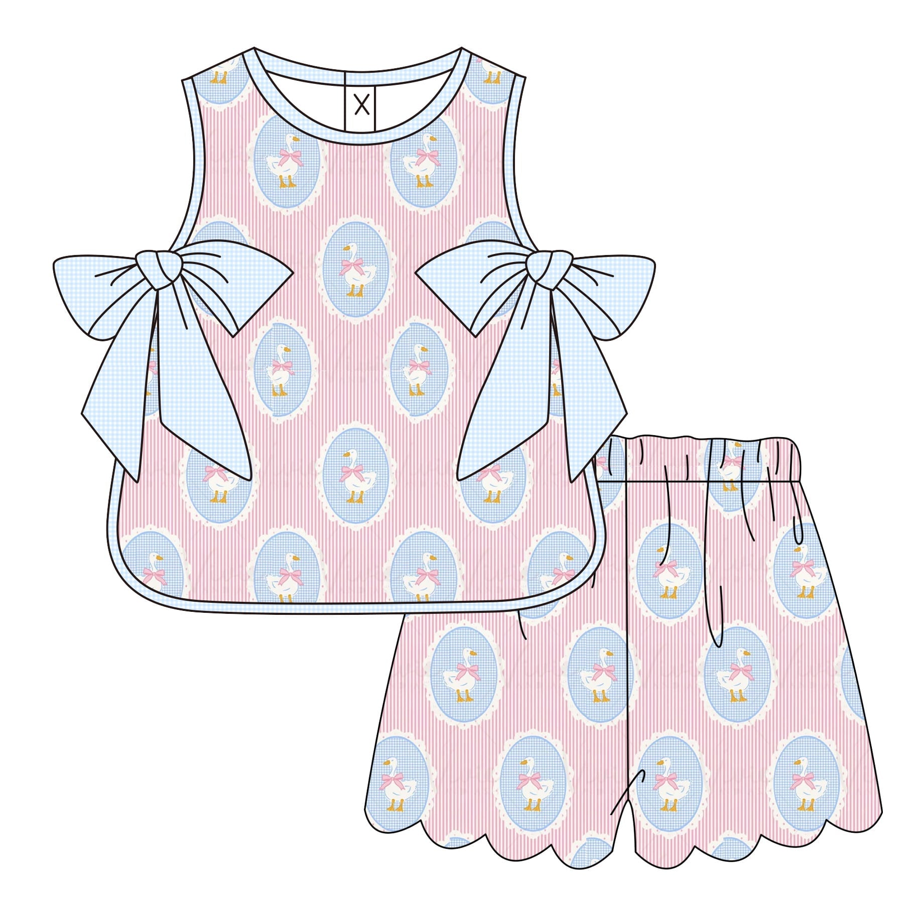 Children's pink dress with blue patterns and bows on a white background