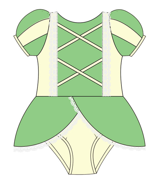 Green princess swim girls bathing suit, fairytale inspired kids swimwear for beach and pool days.