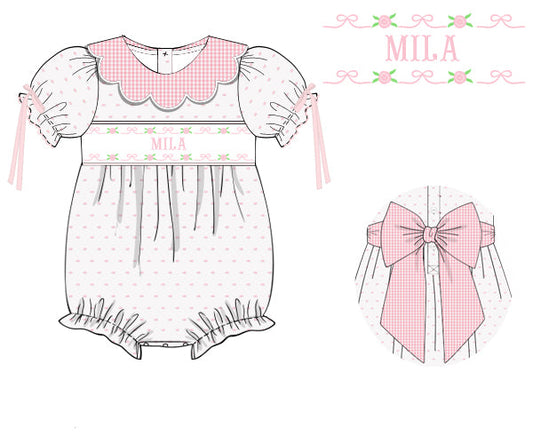 Pink name smocked Swiss dot rosettes bubble 100% cotton