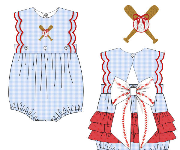 Children's outfit with checkered pattern and baseball-themed details on a white background