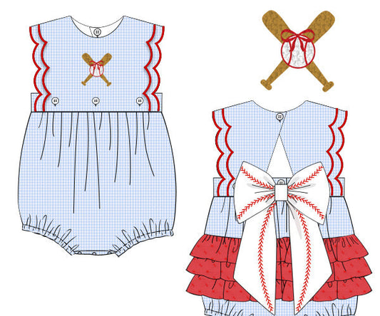 Children's outfit with checkered pattern and baseball-themed details on a white background