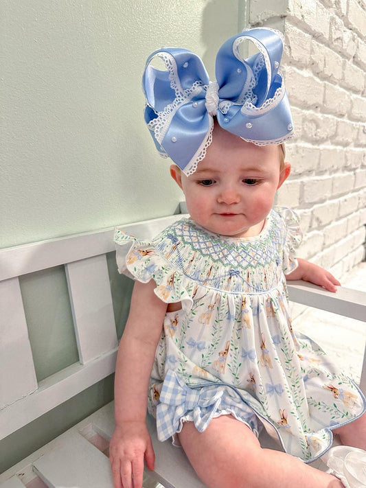 Smocked Bunny and Bow Blue Bubble