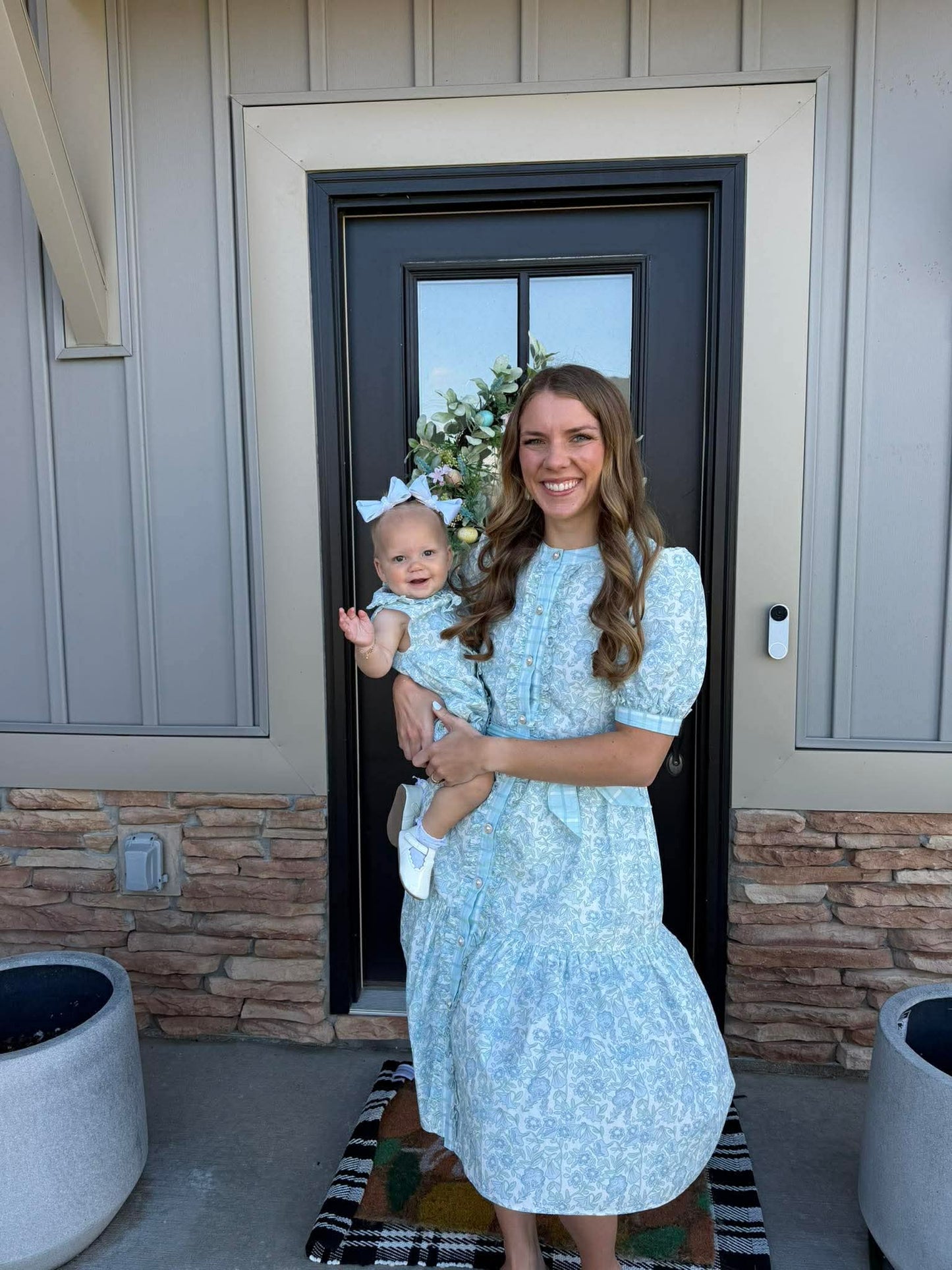 blue dress matching Blue Plaid & Blue Floral Ruffle Dress for Mom – Elegant Matching Outfit –  LOVELY MILA SMOCKS