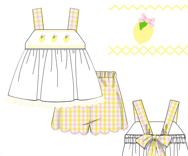 Children's outfit pattern with top, shorts, and headband on a white background