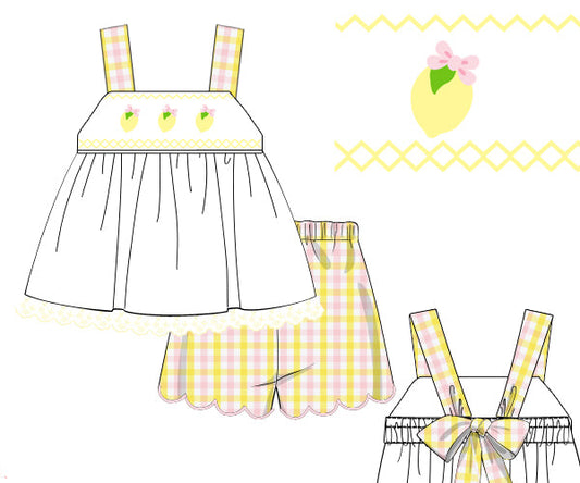 Children's outfit pattern with top, shorts, and headband on a white background