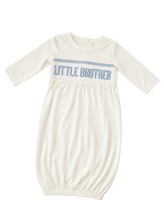 Baby gown with 'Little Brother' text on a white background