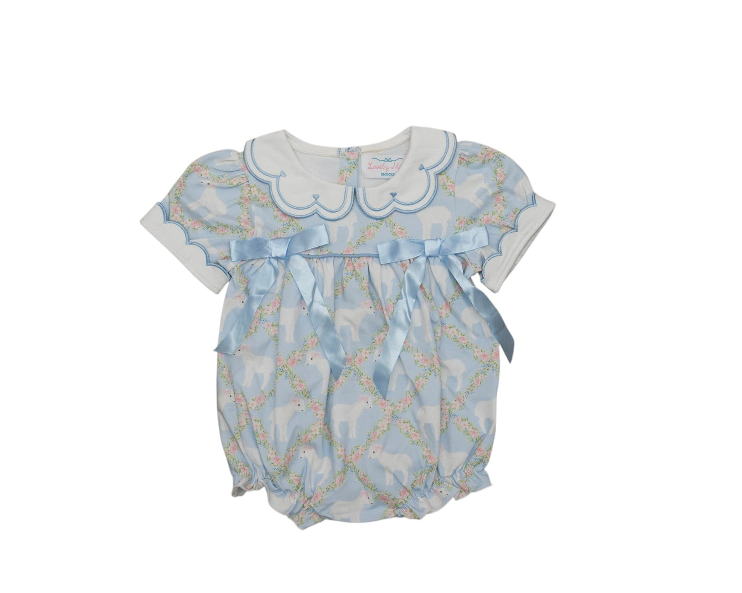 Baby romper with blue and white pattern on a white background