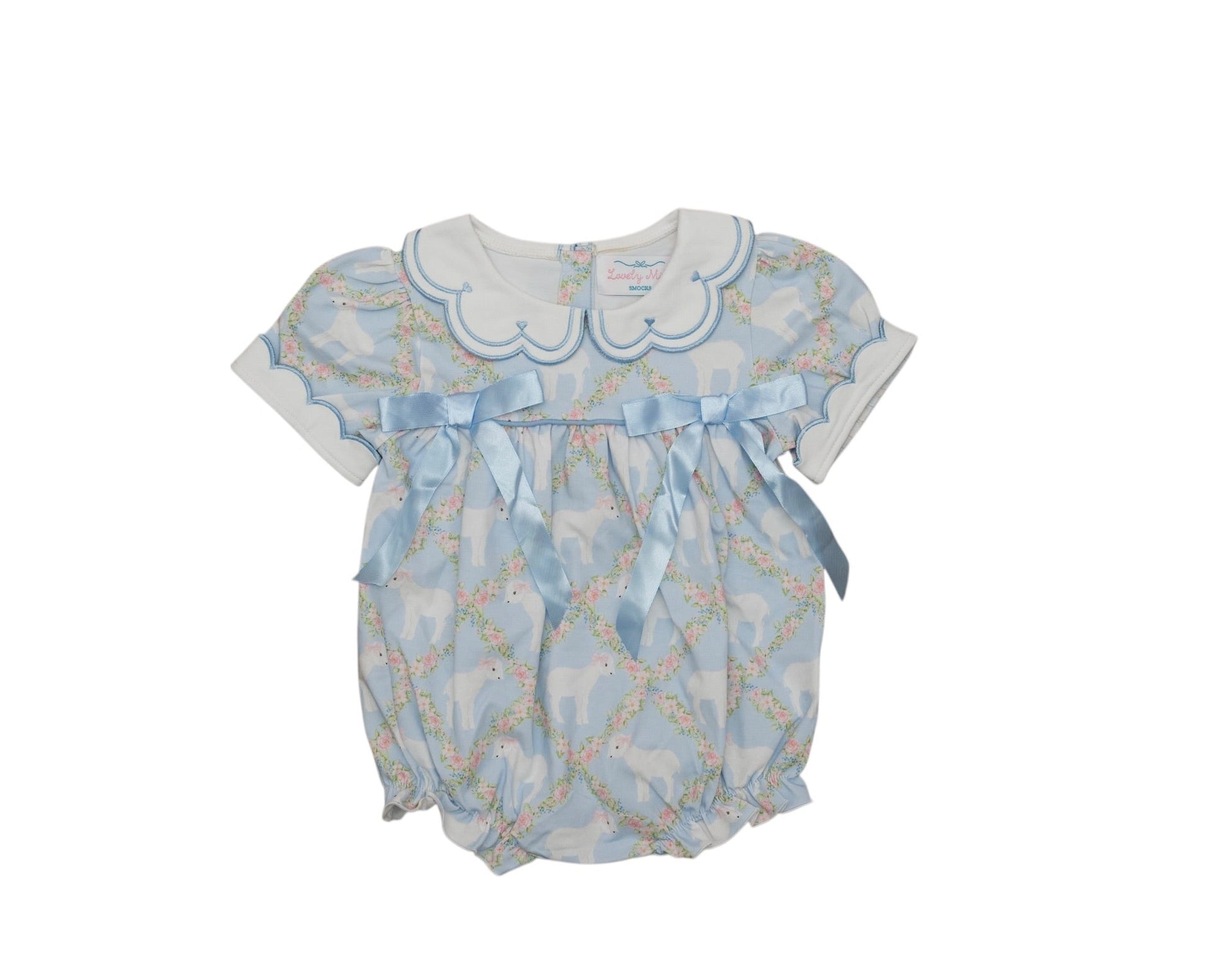 Baby romper with blue and white pattern on a white background