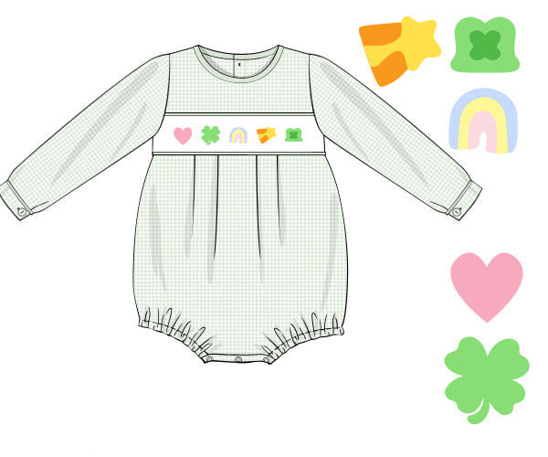 A flat product mockup of a long-sleeve baby romper with a white and light green gingham pattern, featuring a smocked chest panel with pink, green, yellow, and blue icons. The image includes several colorful graphic elements on the right side and a text label in the bottom-left corner.