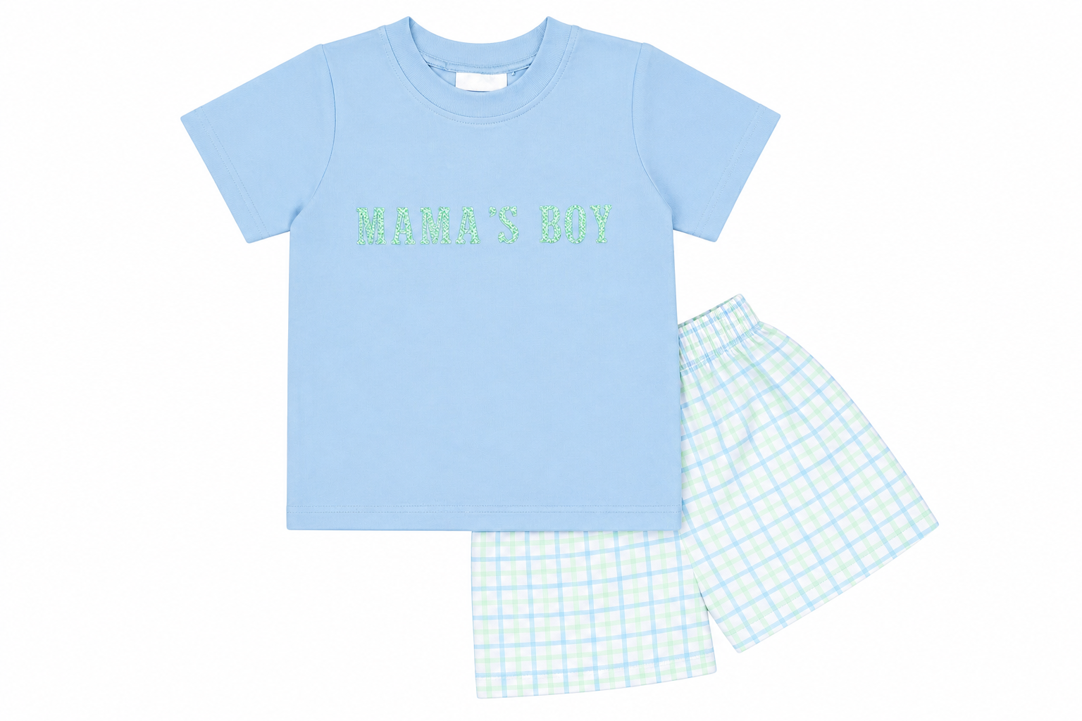 Children's light blue t-shirt and checkered shorts set on a white background