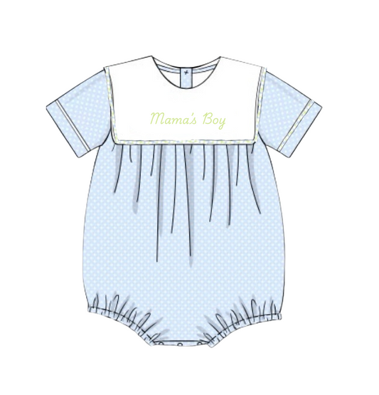 Light blue baby romper with 'mamas boy'