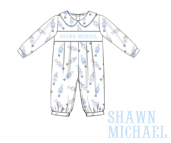 Boys Blue Nutcracker Custom Name Smocked Romper